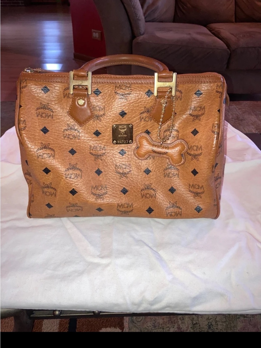 Authentic MCM Cognac Logo-Print Leather Satchel with Charm